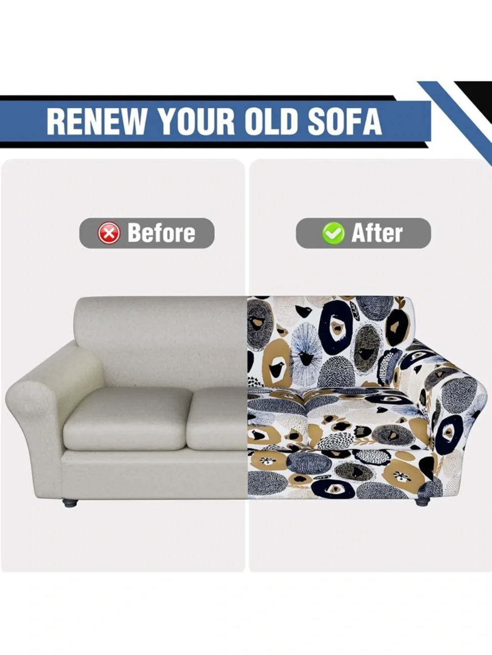 Printed Floral Stretch Sofa Slipcover - Blue & Tan